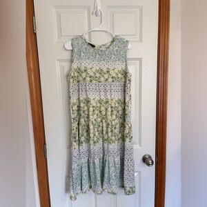 White blue and green floral keyhole sleeveless dress